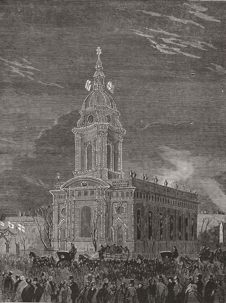 WARCS. Birmingham. St Philip's Church lit up 1863 old antique print picture
